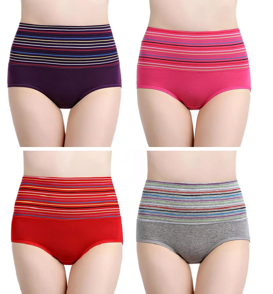 plumbury Women's Cotton High Waist Full Coverage Tummy Control Panty(Pack of 4) Purple/Pink/Red/Grey-picture-17