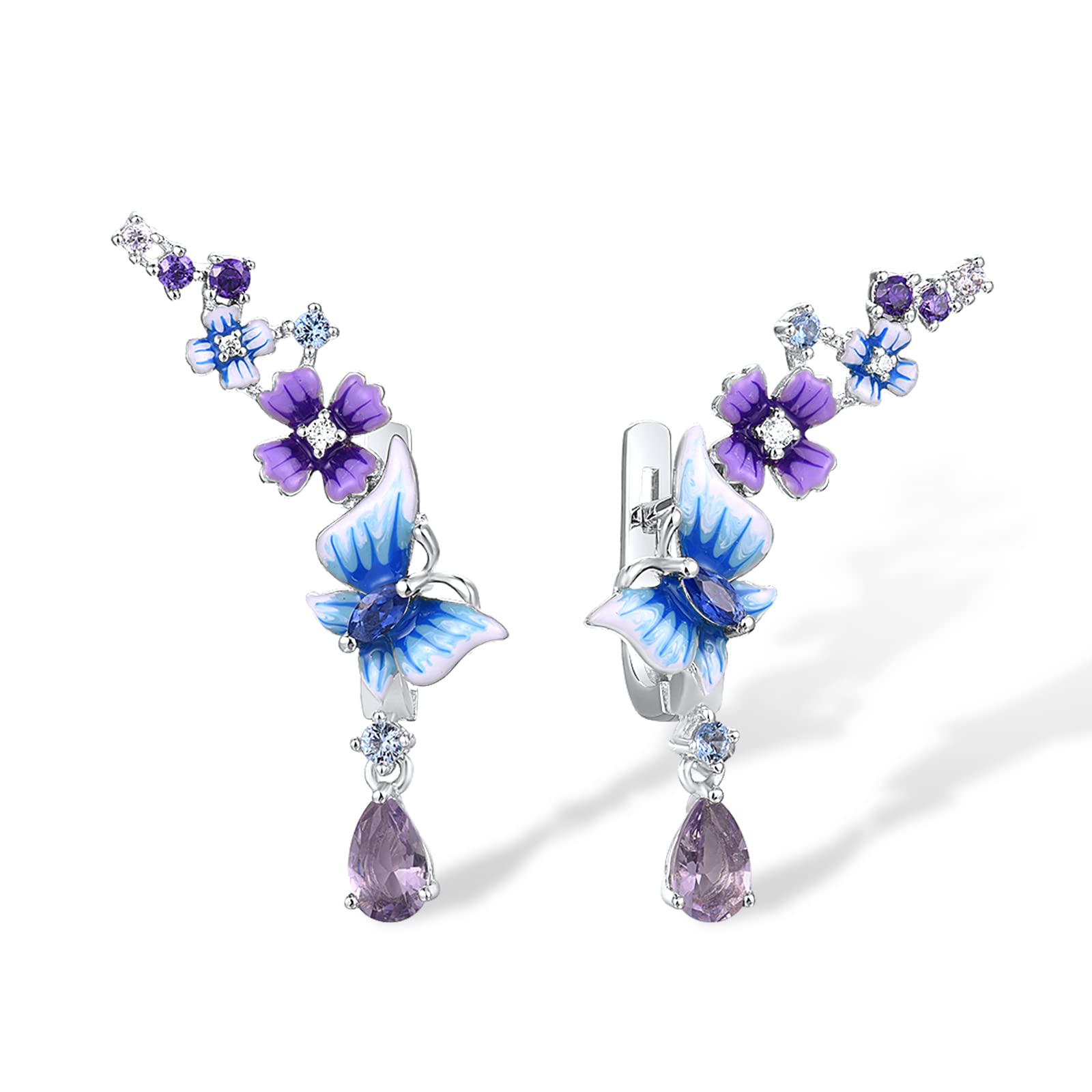 925 Sterling Silver Gemstone Enamel Flower Earrings