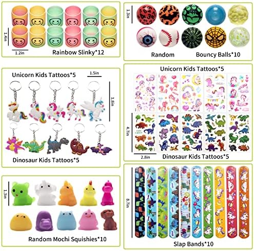 WAORZMK Kids Party Bag Fillers for Kids Unisex with Slinky, Slap Bands, Kids Tattoos, Bouncy Balls, Keychains, Mochi Squishy Toys, Assortment Stocking Fillers Boys Girls Lucky Dip Prizes