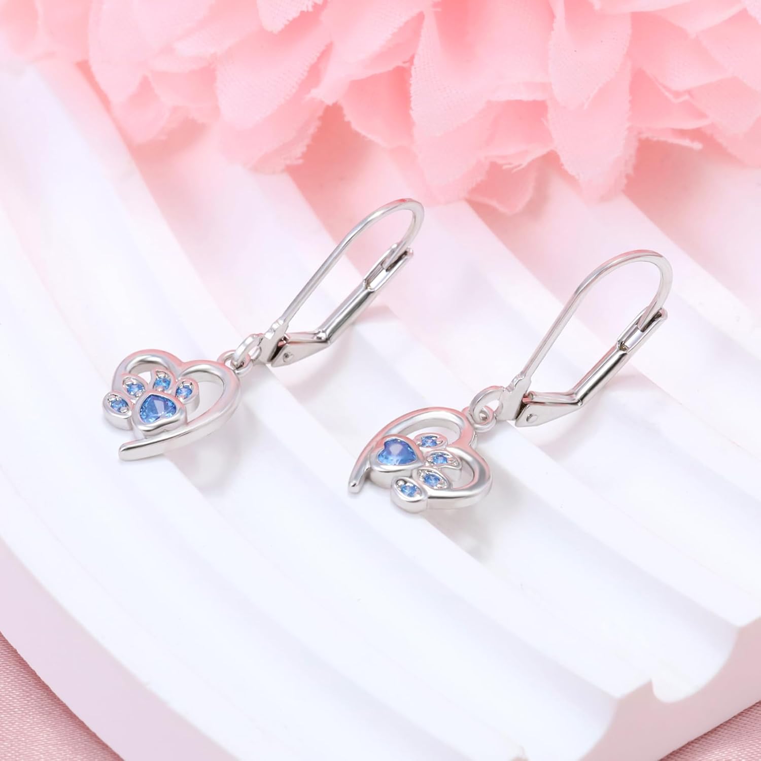Blue CZ Paw Print Dangle Drop Earrings for Women Shiny Cubic Zirconia Puppy Paw Cat Leverback Earrings Cute Animals Tiny Hoop Hooks Earrings Birthday Christmas Piercing Jewelry Gifts - Image 4