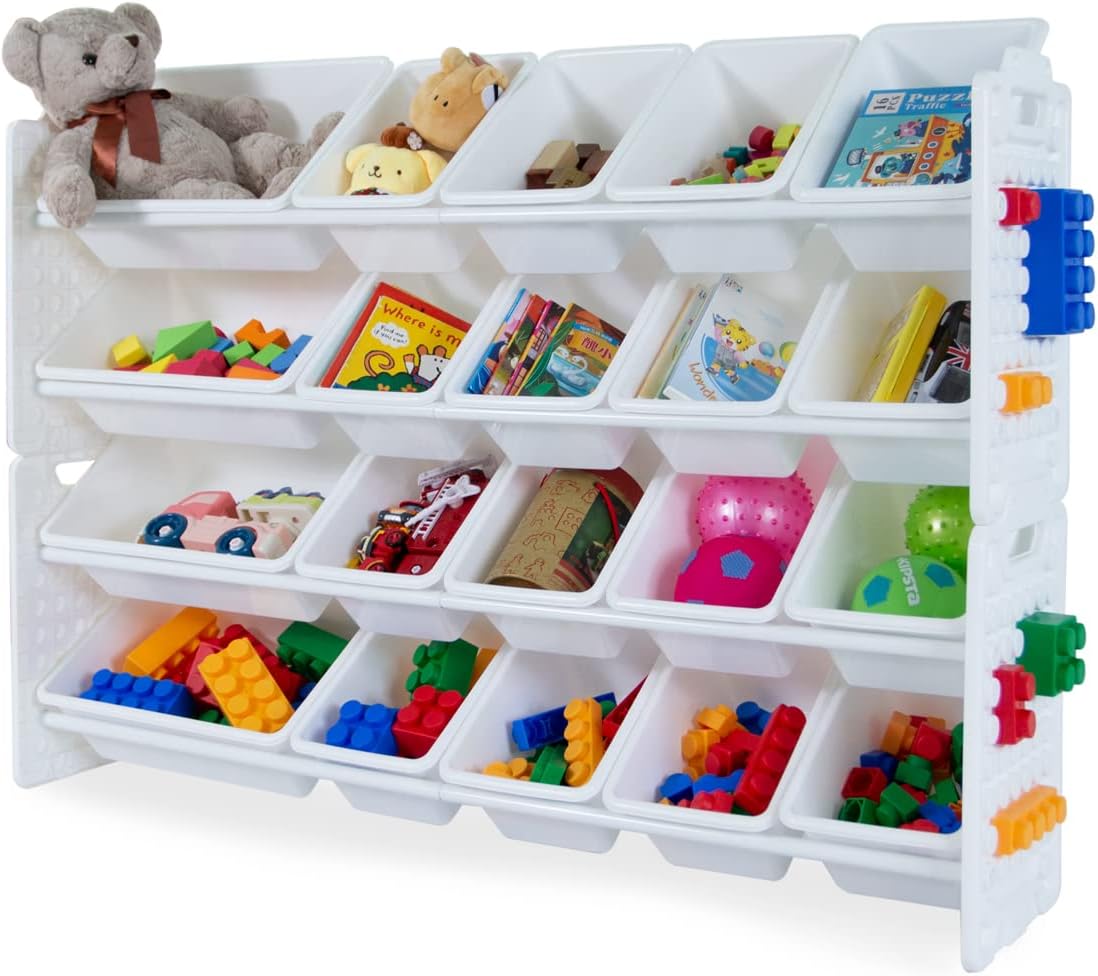 UNiPLAYToy Organizer with 20 Removable Storage Bins, Multi-Bin Organizer for Books, Building Blocks, School Materials, Toys with Baseplate Board Frame (White)