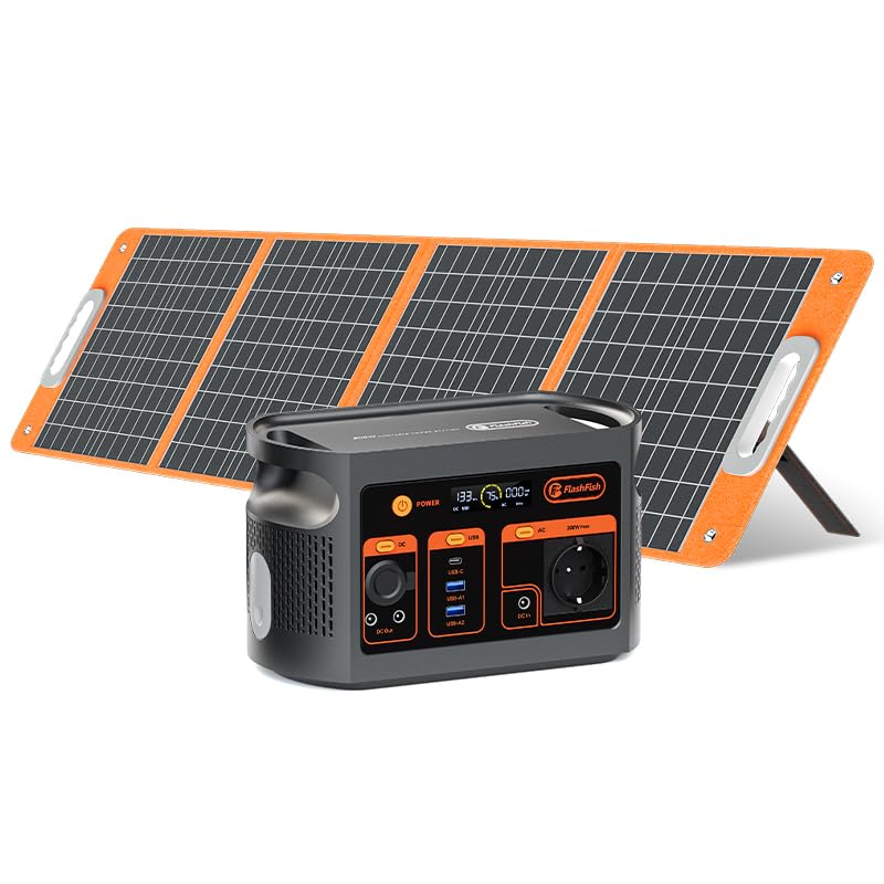 Flashfish Estación de Energía con Panel Solar 100W, Batería LiFePO4 de 179Wh,Generador Solar 300W CA(600W Pico),carga completa en 70 minutos,Batería de Repuesto para Acampar,Aventuras y Emergencias