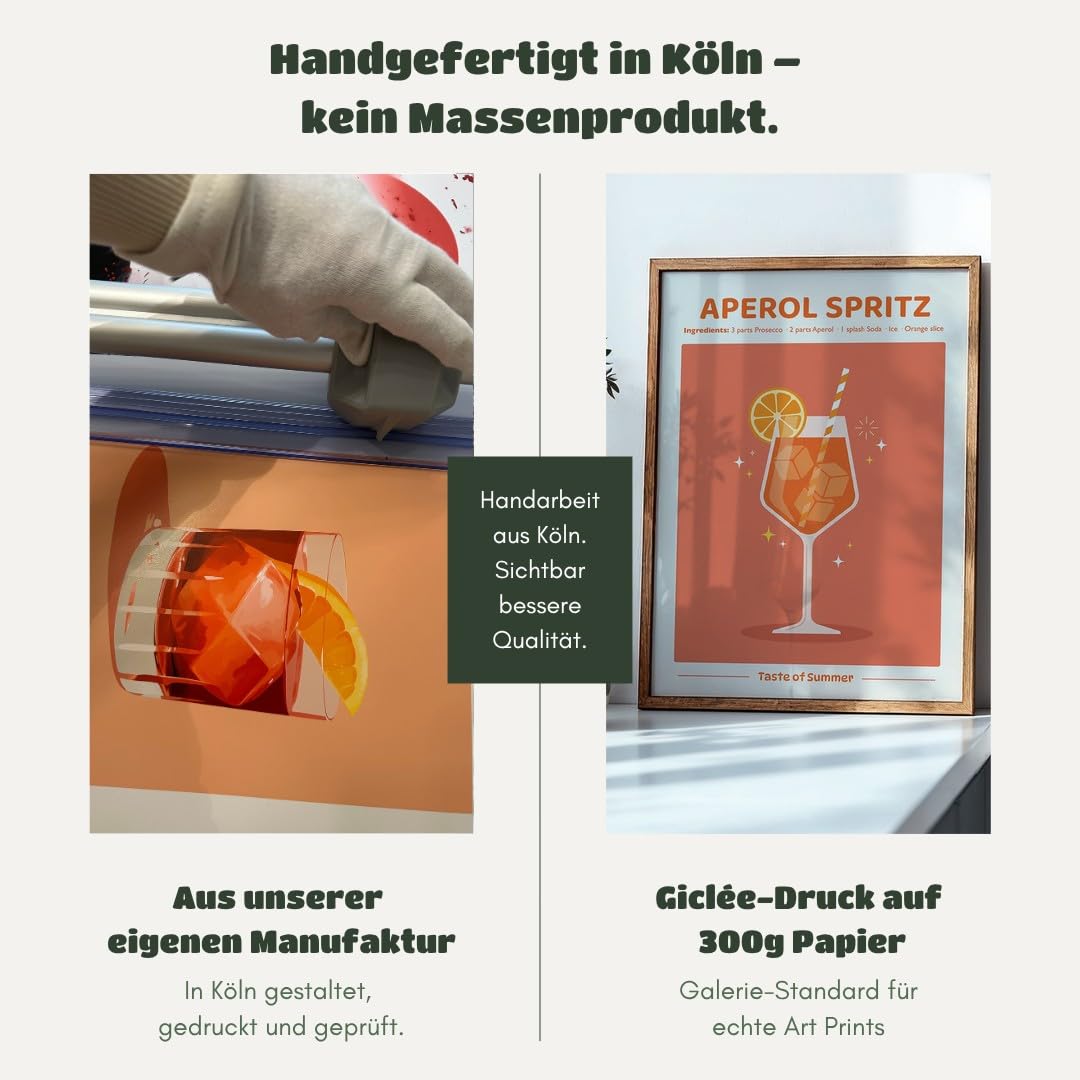 MJ-GRAPHICS® Poster Aperol Spritz Wandbild Sommer Getränk Deko minimalistisch Orange Küche Kunstdruck modern Wohnzimmer Bilder erfrischend stilvoll Farbakzent 50x70 mit schwarzem Rahmen