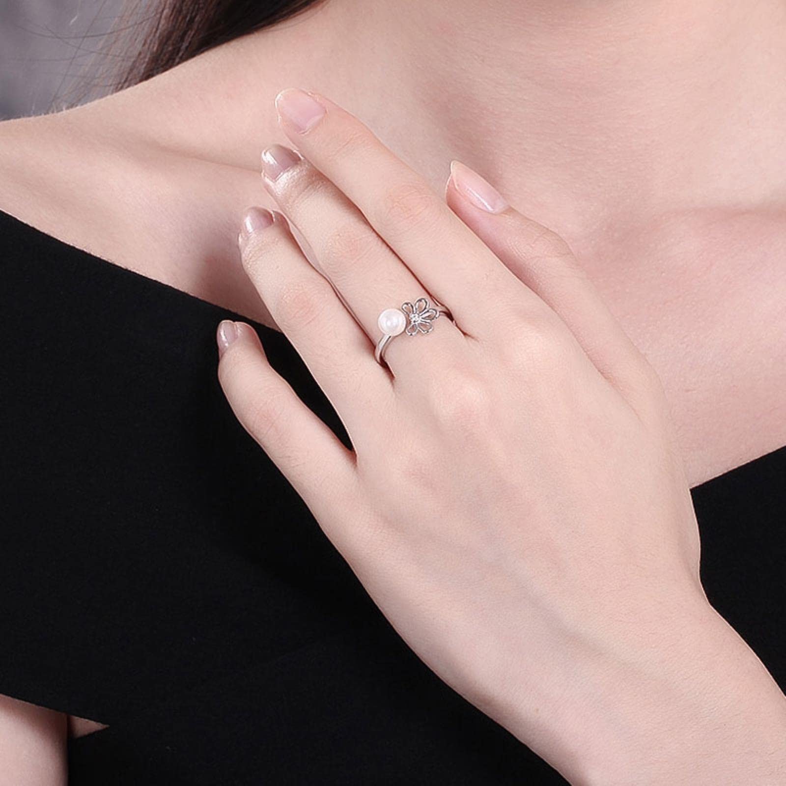 Flor Grandes Anillos De Perlas Simuladas para Mujeres 925 Plata Esterlina Boda Cz Ajustable Ringlet Joyería
