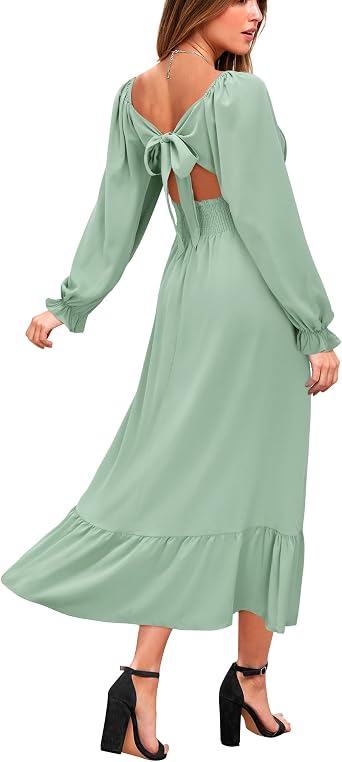 VOTEPRETTY Womens Puff Sleeve Bridal Shower Flowy Tie Back Long Dresses
