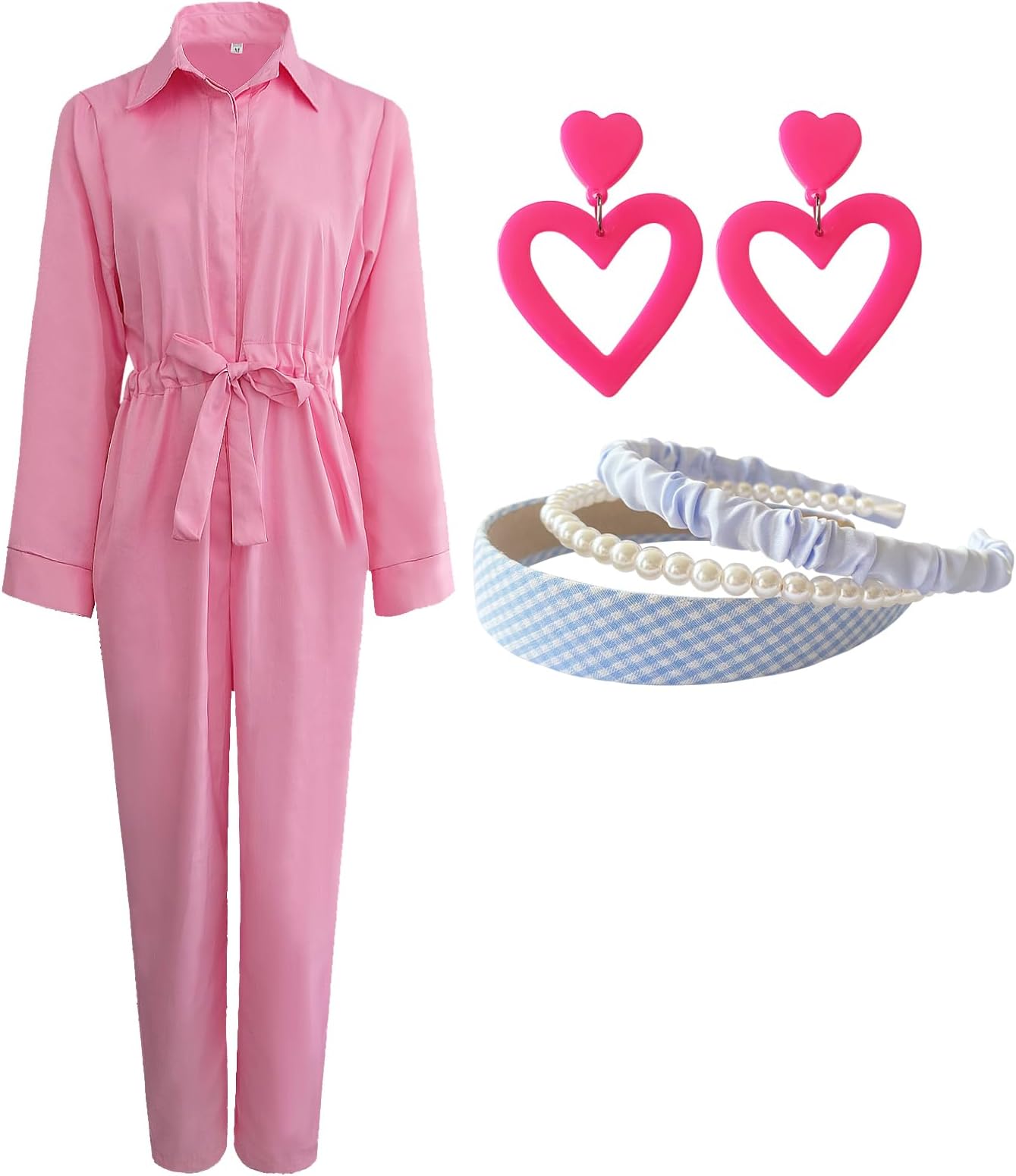 MEFINESHOW Movie Cosplay Pink Jumpsuit 70s 80s Outfits Pink Coverall/Utility for Women,Bodysuit with Headbands for Halloween