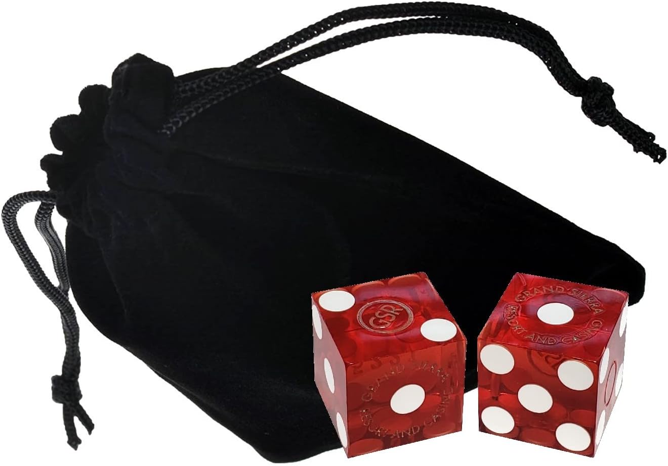 Cyber-Deals Craps Dice Kit: Set of 5 Authentic Nevada Casino Dice with Storage Pouch + Acrylic Dice Boat Bundle (Reno Peppermill (Red Polished))