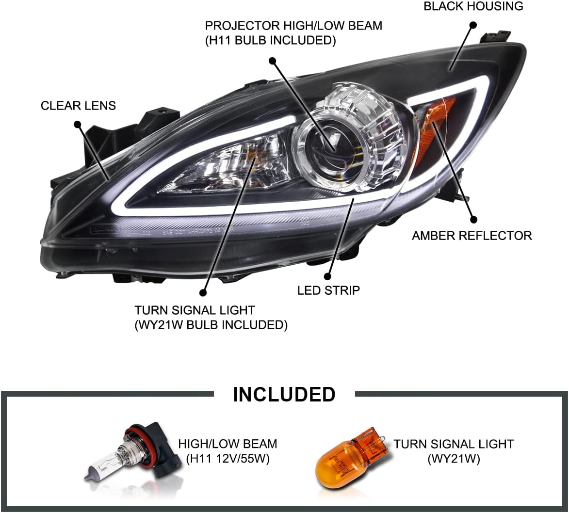 SPEC-D TUNING LED Strip Black Projector Headlights Compatible with 2010-2013 Mazda 3, Left + Right Pair Headlamps Assembly