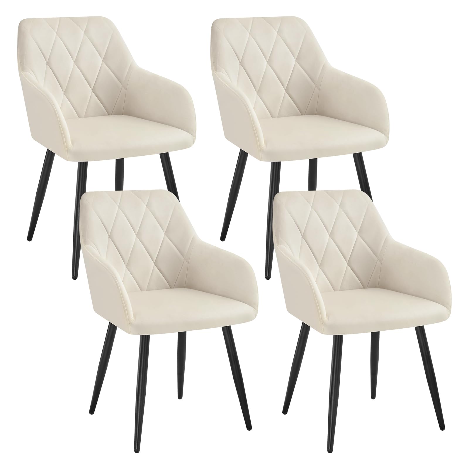 WOLTU 4er Set Esszimmerstühle mit Armlehne Rückenlehne, für Esszimmer Wohnzimmer Küche, Bequeme Küchenstühle gepolstert mit Samtbezug, Metallbeinen, Cremeweiß