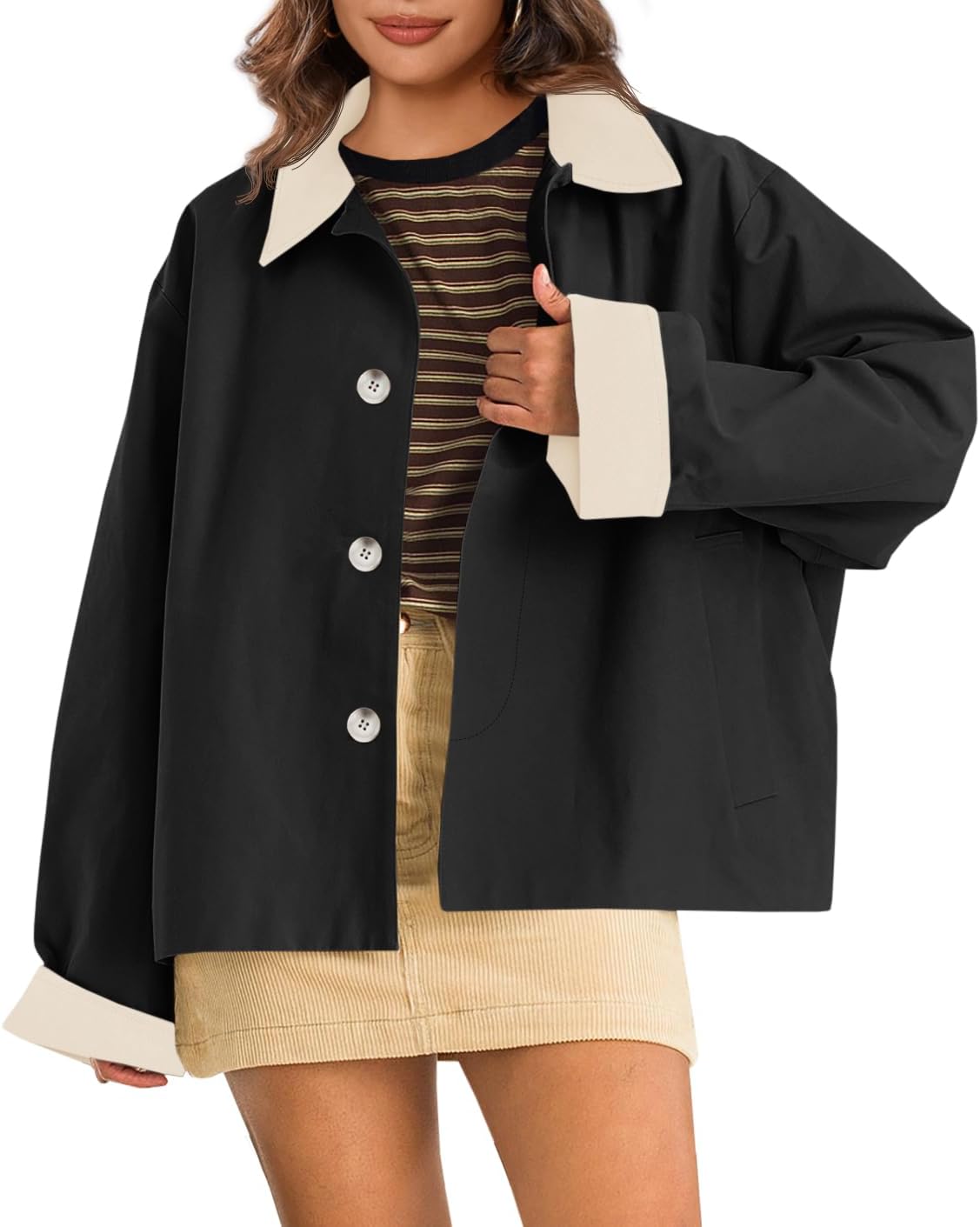 Tankaneo Womens Barn Jackets Lightweight Casual Oversized Contrast Collar Jacket Crop Trench Coat Outerwear 2025 Fall Fashion