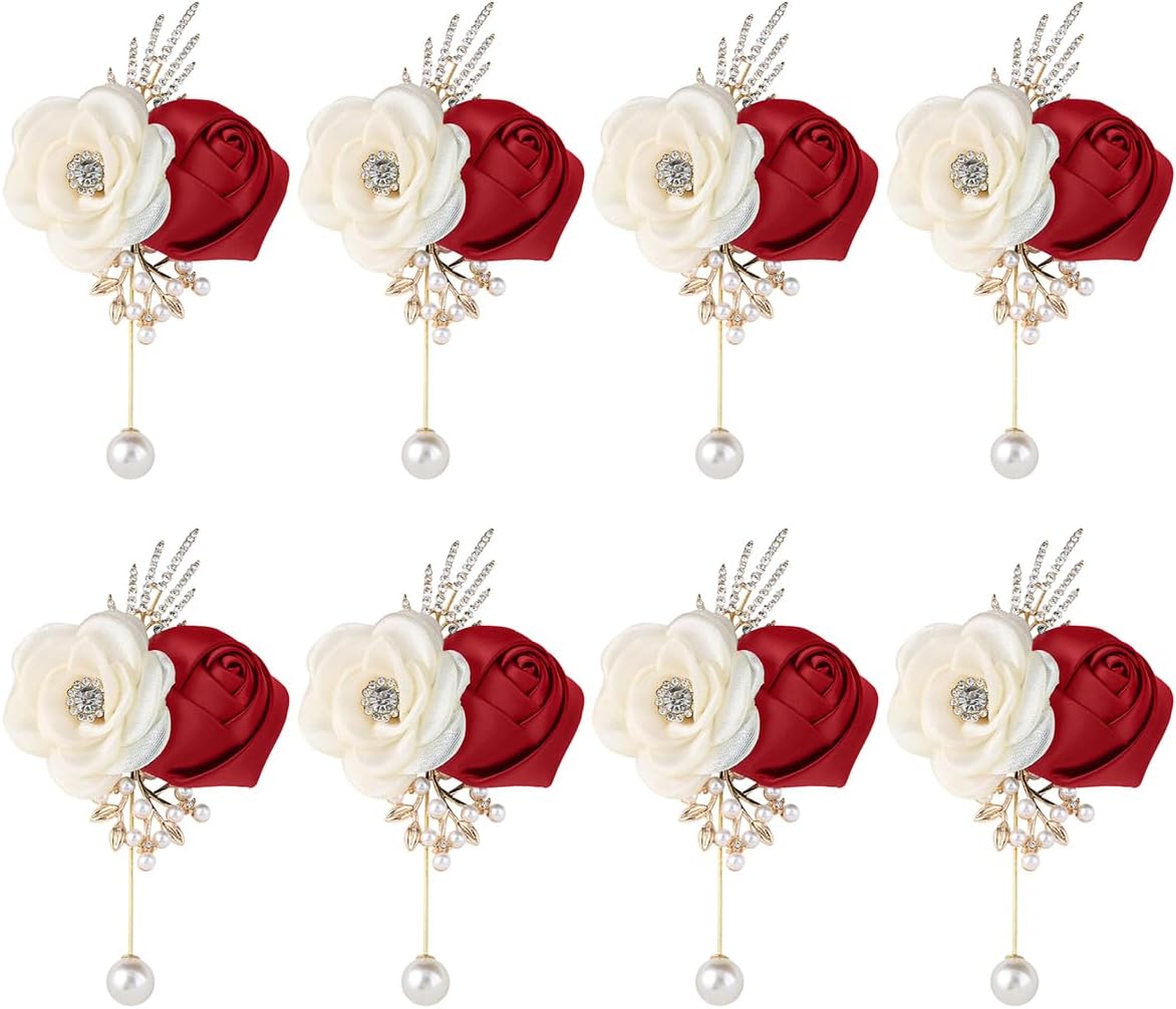 Rose Boutonniere for Men, Artificial Corsage for Groom Guests, Wedding/Dance/Suit Decoration. (8, Burgundy)