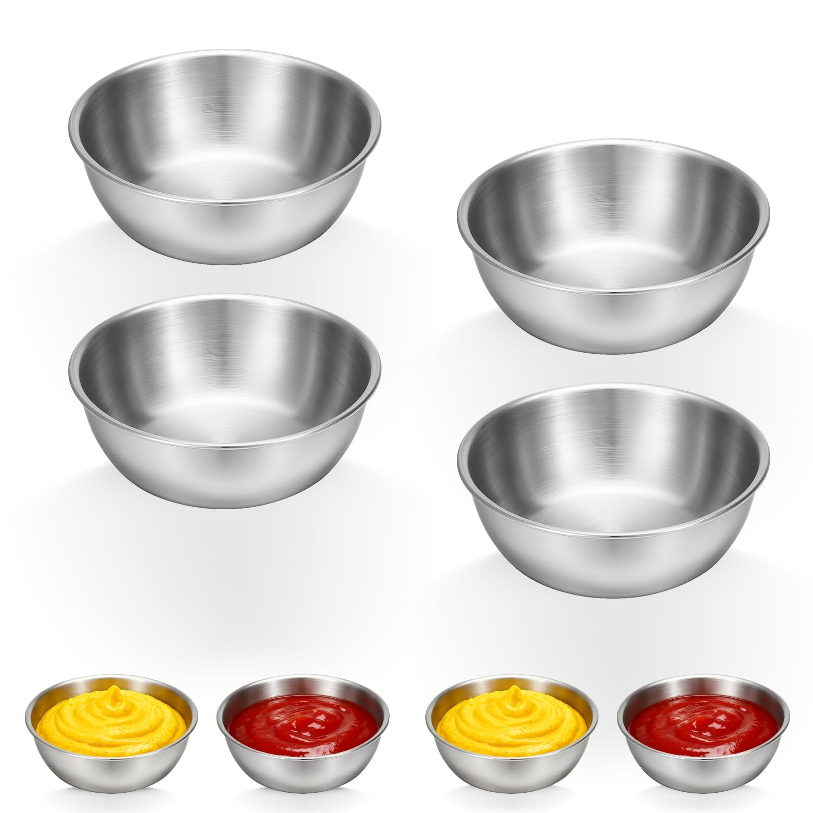 Alrhso 4 Pcs Silver Small Bowls 8.5cm Soy Sauce Dish Mixing Dip Bowl Mini Prep Bowl Metal Individual Round Seasoning Bowls Reusable for Appetizer Nibbles