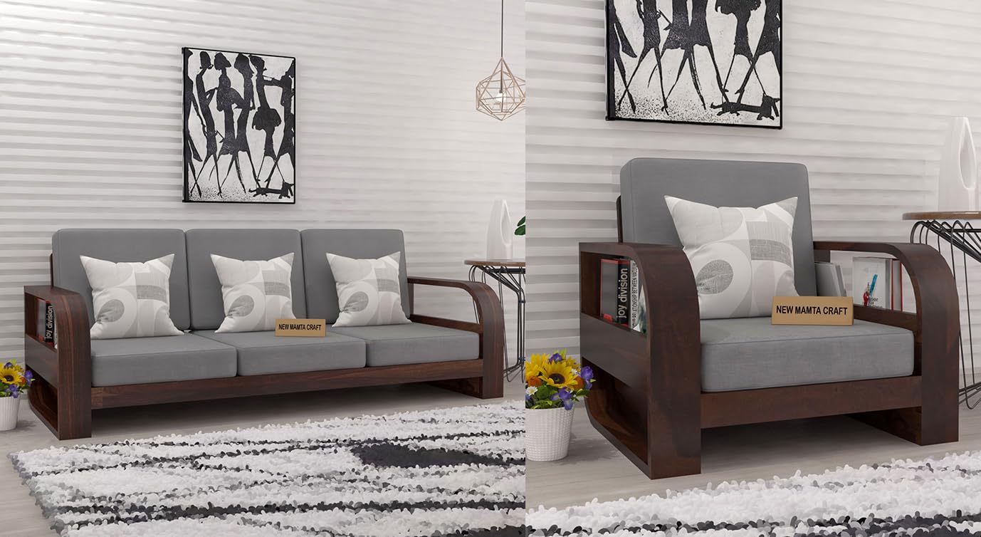 NEW MAMTA CRAFT Wooden 4 Seater Sofa Set for Living Room,3- to 4- Person Sofa Sets for Home, 3+1 Seater Sofa Sets for Home, Sheesham Wood (40 Density Cushion,Walnut Finish)