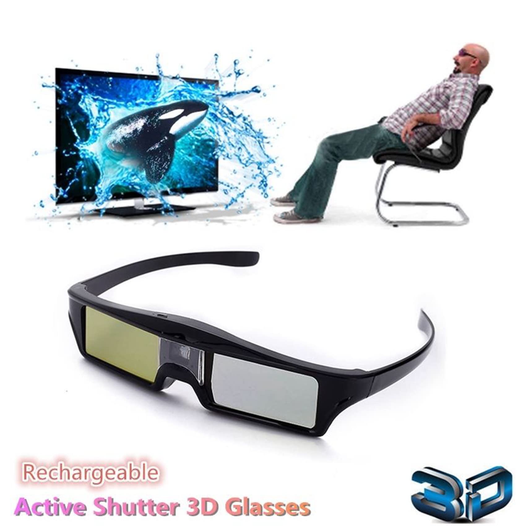 4X Occhiali 3D Shutter Attivi Ricaricabili per Proiettore Tutto DLP
