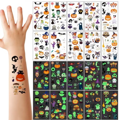 JYNXOR 10 Feuilles Tatouage Halloween Enfant, Halloween Tatouage Fluorescent Enfant, Tatouage Halloween pour Visage Enfant, Halloween Tatouage Temporaire Lumineux, Cadeau Halloween Party Enfant-(B)