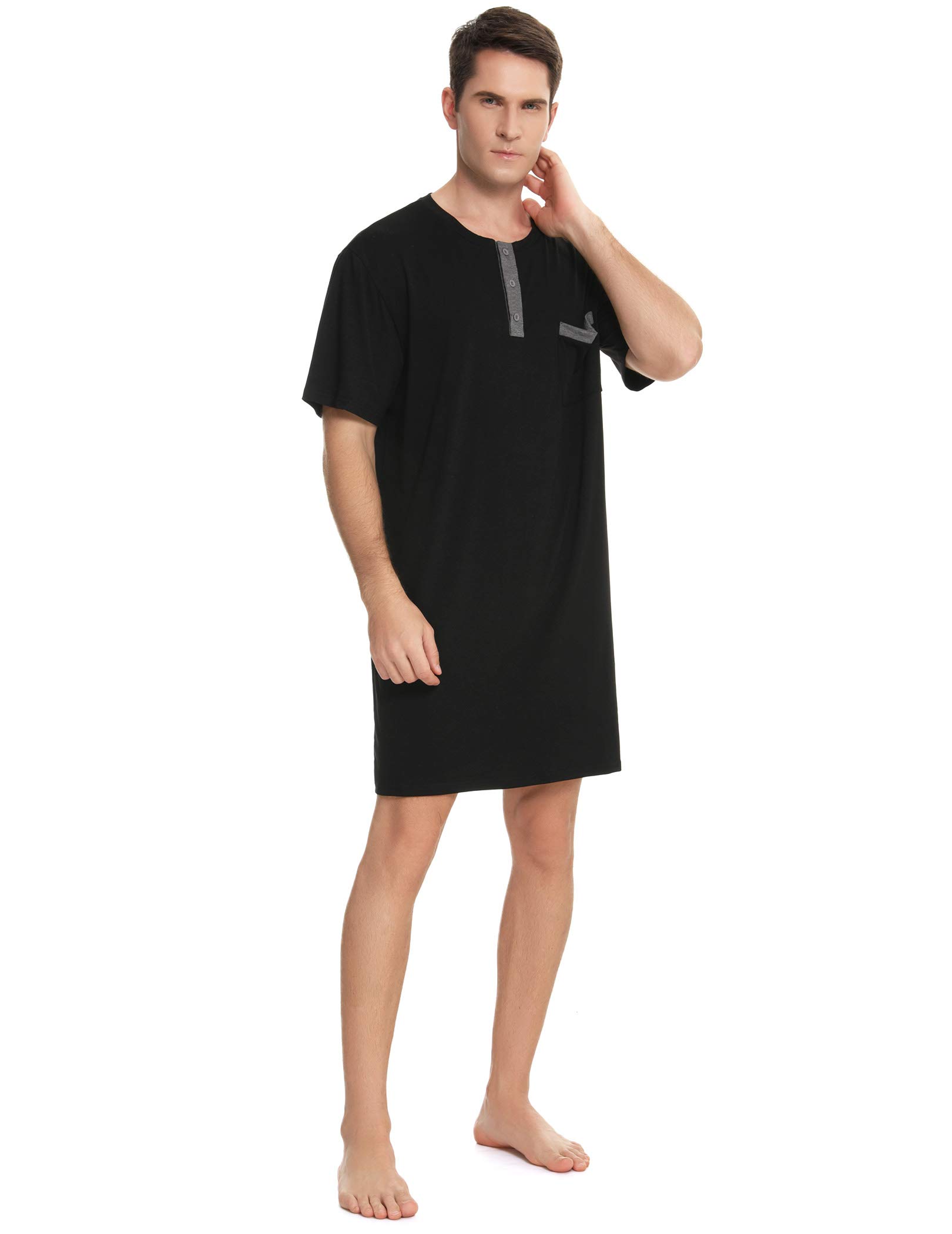 Enjoyoself Men's Cotton Pyjama Tops Soft Breathable Nightgown Knee Length Night Shirts Short Sleeve Nightwear Lounge Wear
