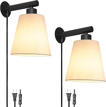 Plug-in Wall Sconces Set of Two, Black Wall Lamp with Fabric Linen Shade, Easy Install Bedside Wall Mounted Light for Bedroom and Living Room