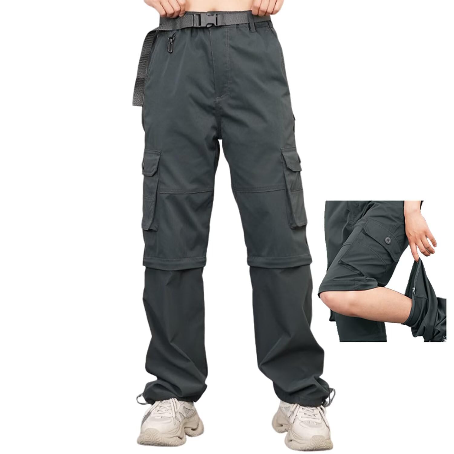 Pantaloni da trekking da donna, con zip off, ad asciugatura rapida, da trekking, con gambe rimovibili, traspiranti, pantaloni cargo estivi, pantaloni funzionali con cintura, 6 tasche