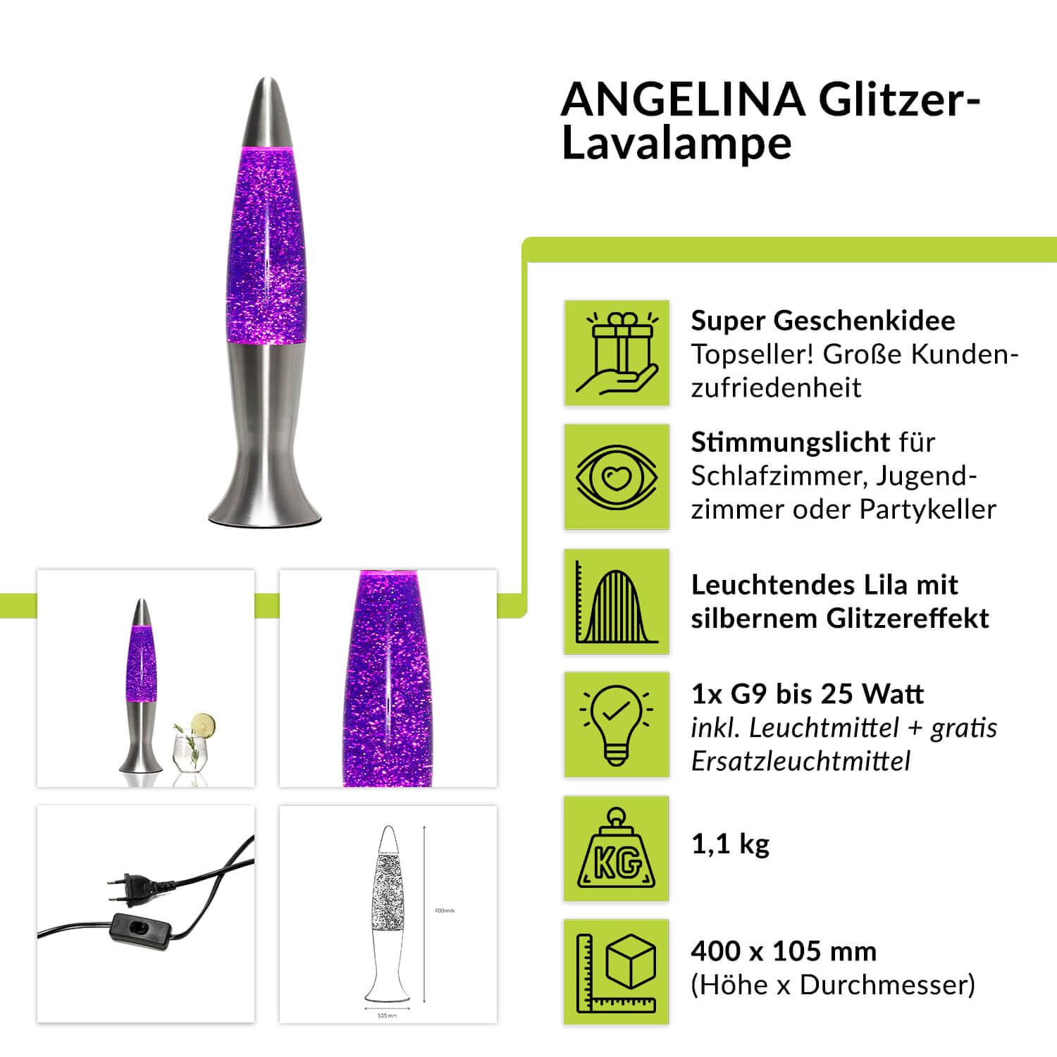 Easylight Lavalampe Aluminium Glas in Silber Lila Wohnzimmer Jugendzimmer H:40 G9 inklusive Leuchtmittel Glitter Glitzer Tischleuchte ANGELINA