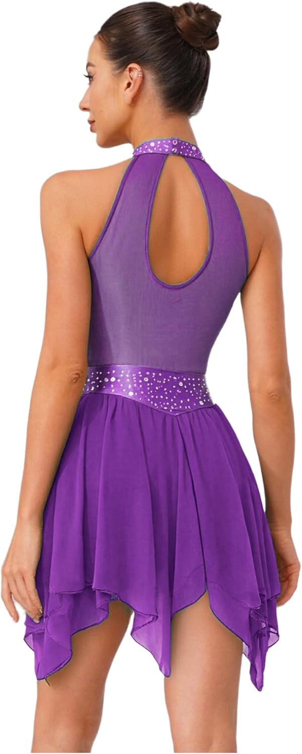 FEESHOW Women Ruched Metallic Mesh Lyrical Dance Dress Irregular Ballet Leotard Modern Contemporary Costume