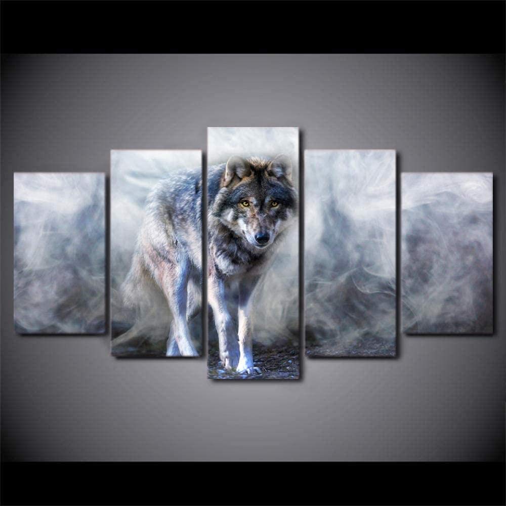 QQYYYT Modular Canvas HD Print Poster Wall 5 Pieces of White Smoke Wolf Painting in Living Room Home Decoration Animal Picture Frame-Art Gift-Ready to Hang