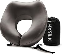 Vista 10 de THXSILK Almohada de cuello 100% seda de morera para viajes y avión, almohada de viaje de espuma viscoelástica para soporte de cuello en coche y Negro