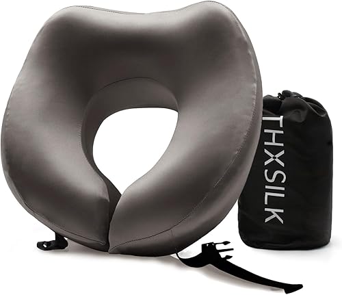 THXSILK Almohada de cuello 100% seda de morera para viajes, almohada de viaje de espuma viscoelástica pura para aviones, almohada de cuello de viaje