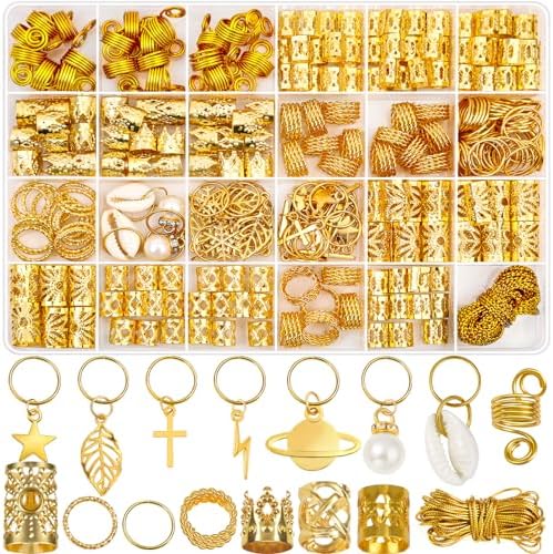 Lucomb 259 Pieces Braiding Hair Jewelry, Loc Jewelry for Hair Dreadlock, Hair Jewelry for Women, Metal Gold Braids Ring Cuffs Clip for Dreadlock Hair Braids Jewelry Decorations