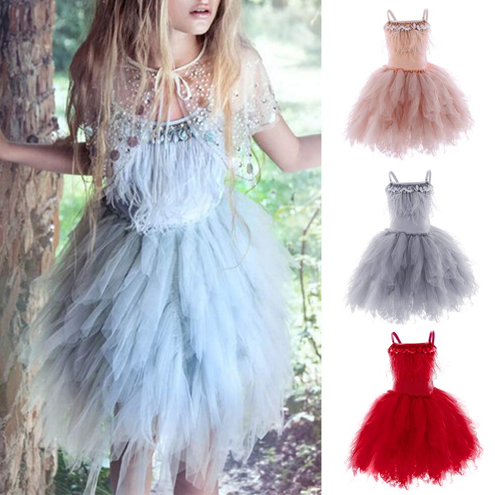 Kids Girls Spaghetti Strap Lace Feather Fringes Tutu Tulle Swan Princess Dress Ruffles Backless Ballet Leotard Dance Skirted Pageant Party Wedding Formal Birthday Cake Short Tiered Gown Blue 4-5