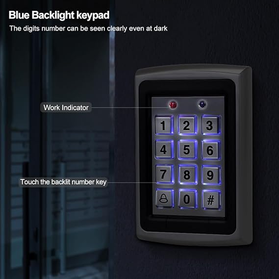 Outdoor DIY Installation Access Control System,RFID 125KHz,1000-Users,Card/PIN Access,WG26,Metal Backlit keypad with Rain Cover &10 Mixed Color ID Keyfobs,DC12V Door Entry Security System