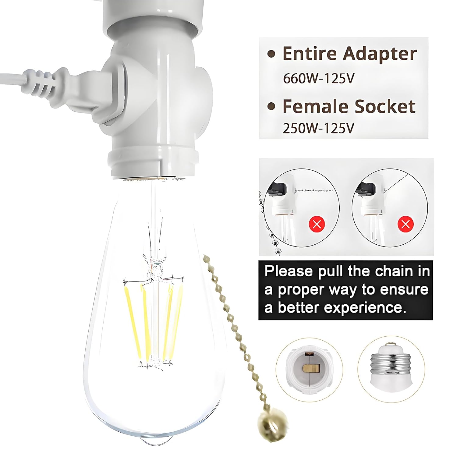 2-Pack E26 Socket Outlet Adapter with Pull Chain Switch, 125V 660W Phenolic Lamp Holder & Dual Outlets for Bedroom, Study, Porch, etc（White）