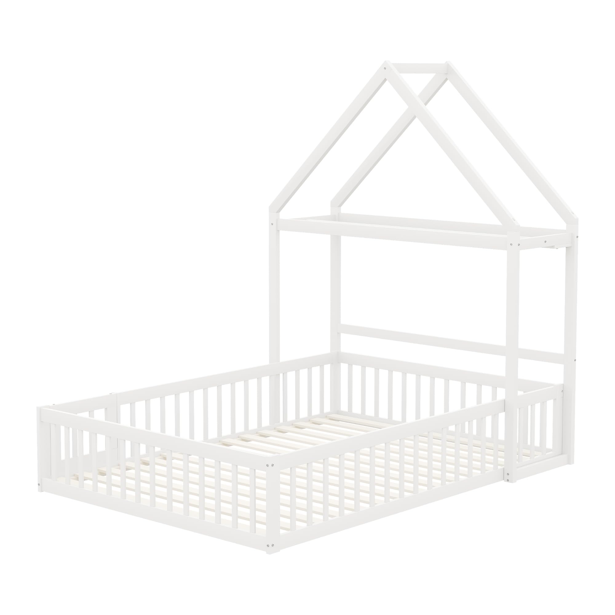 Merax Lit Enfant 140x200 cm Cabane au Sol avec Protection Antichute et Rangement Blanc