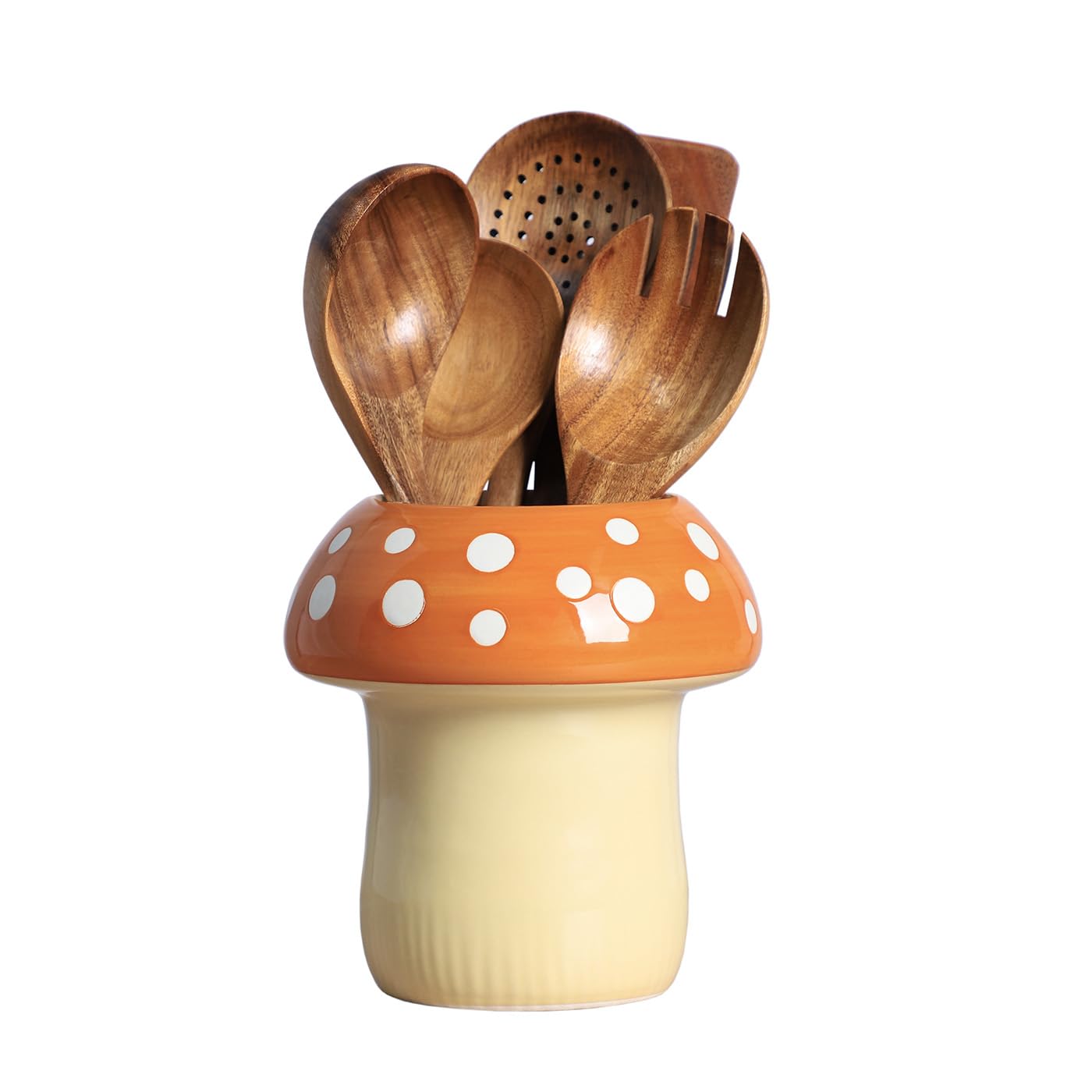 Bicuzat Mushroom Shaped Ceramic Kitchen Utensil Holder, Large Cooking Utensil Crocks for Kitchen Countertop, Ceramic Utensil Organizer for Spatula, Kitchen, Home Decoration-Brown
