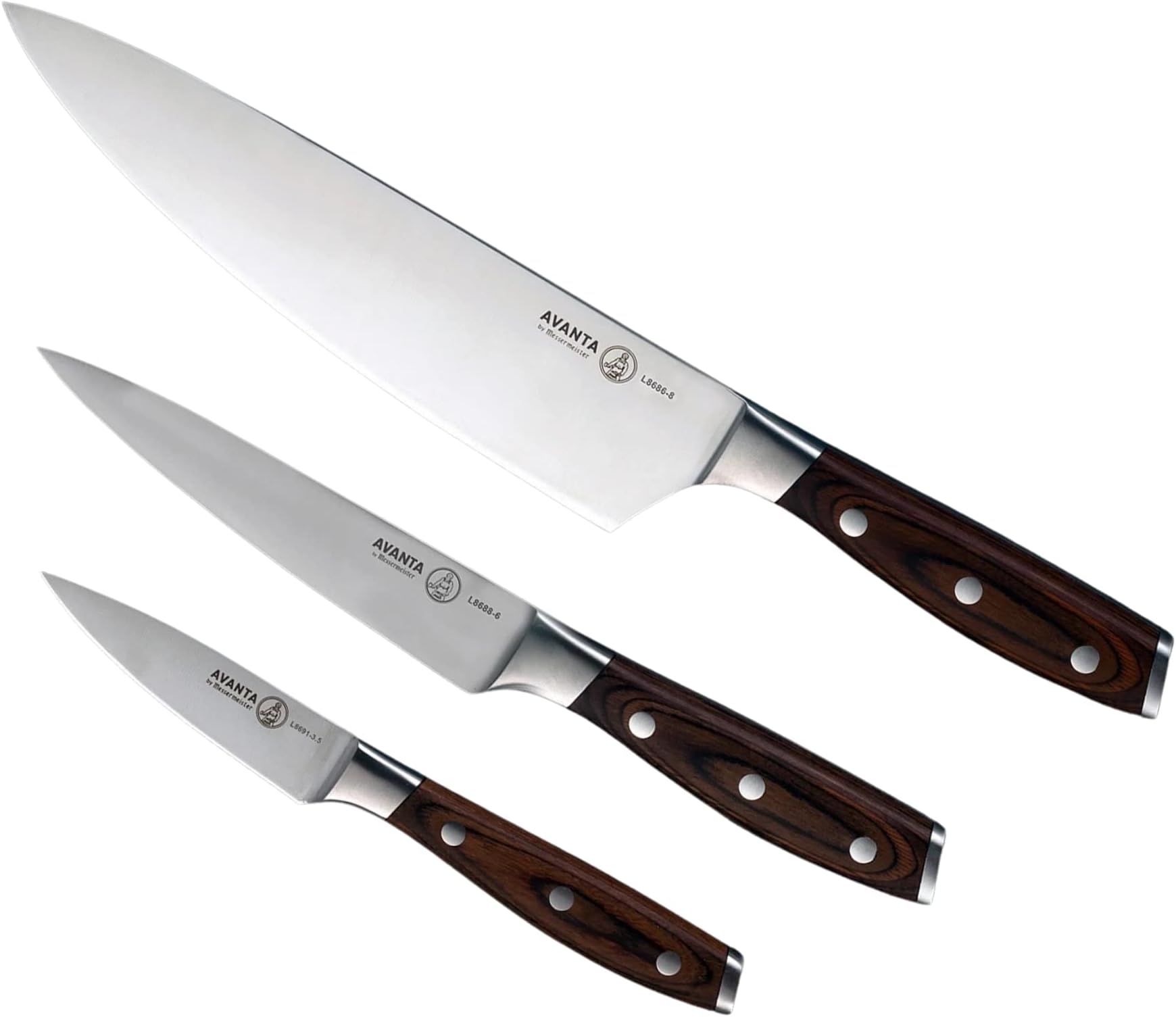 - Messermeister Avanta Forged 3-Piece Pakkawood Starter Set - German X50 Stainless Steel - Includes 8” Chef’s Knife, 6” Utility Knife & 3” Paring Knife