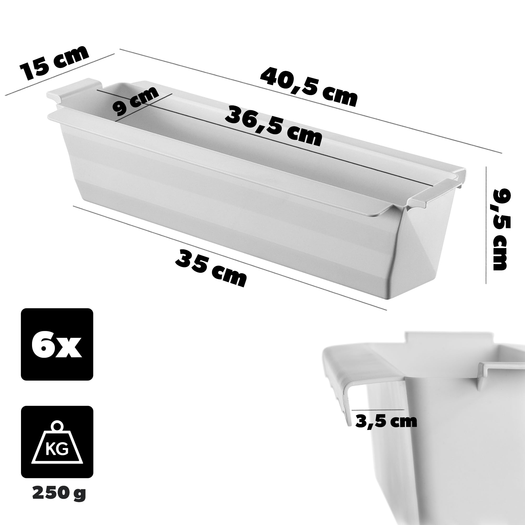 KADAX Lot de 6 jardinières pour palettes avec système de suspension, 37 x 9 cm, blanches, à planter et décorer, bac à fleurs pour palettes européennes, insert de pot de fleurs et cache-pot dans les