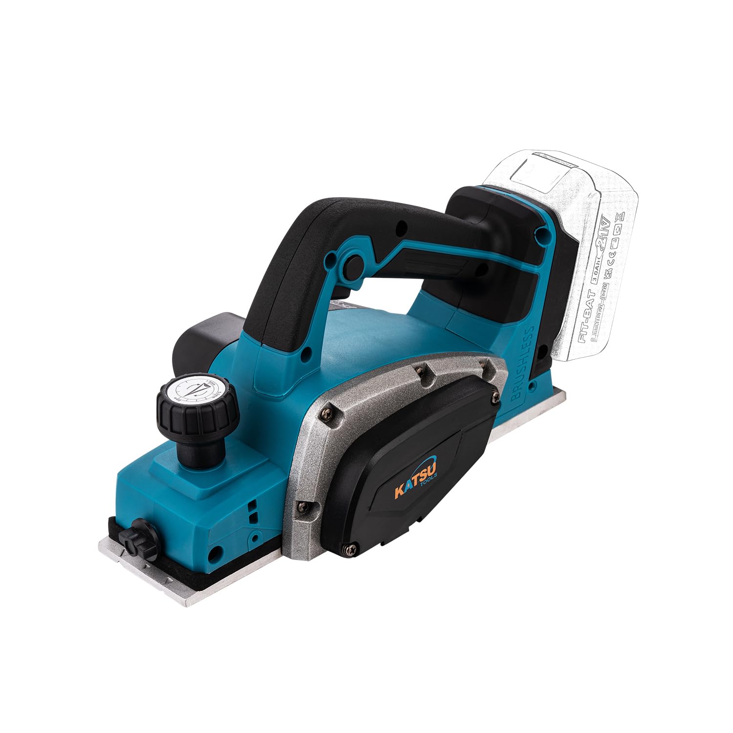 KATSU FIT-BAT Cepillo Eléctrico Inalámbrico 21V Sin Escobillas 82mm para Madera, Profundidad de Viruta 2mm, Placa de Suela de Aluminio con 3 Ranuras en V, Cuchillas Extra, Sin Batería