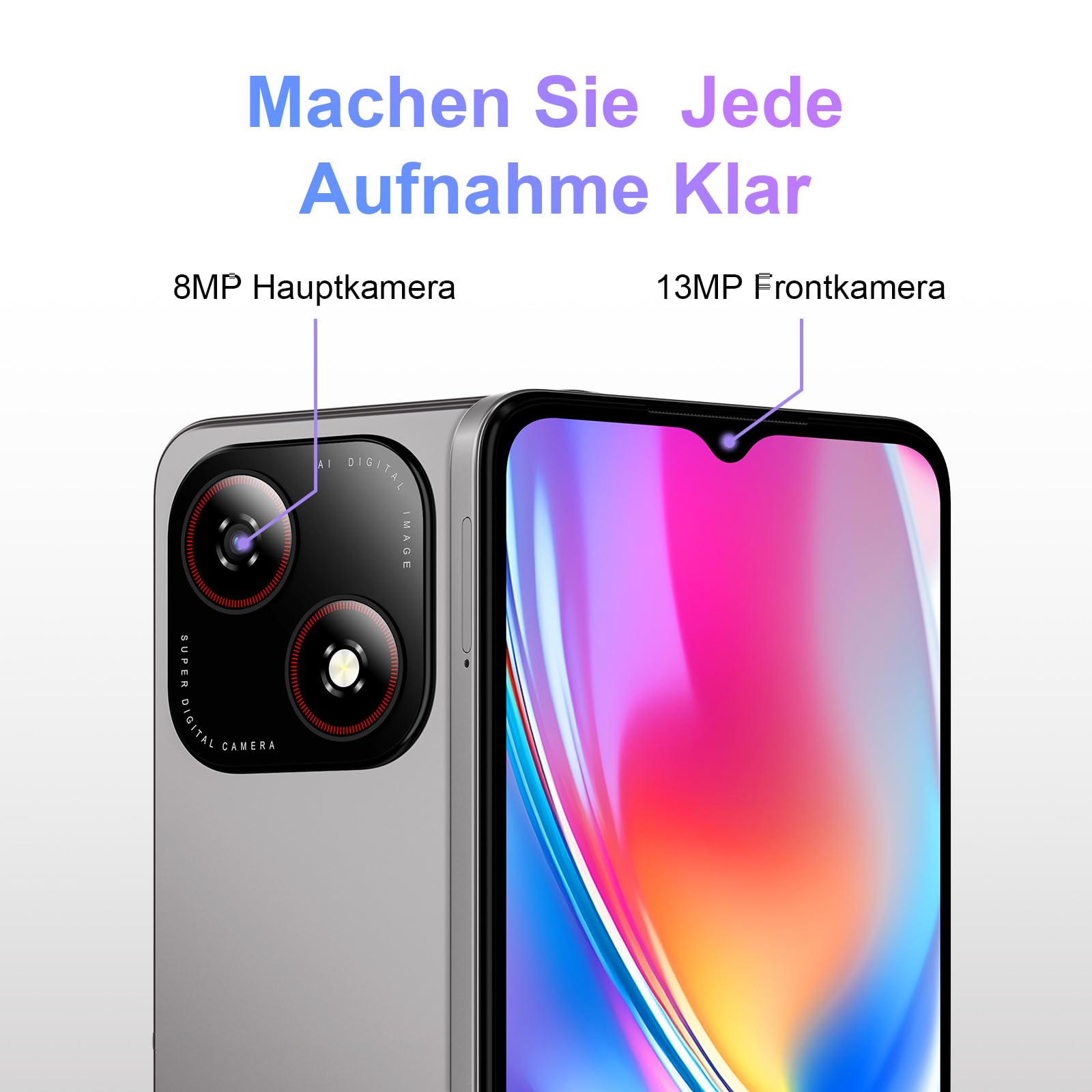 ZTE Blade A35e, Android-Handy，Smartphone ohne Vertrag: 2GB+64GB Speicher, Silvery Gray, 5000 mAh Batterie & 6.52" HD+Display