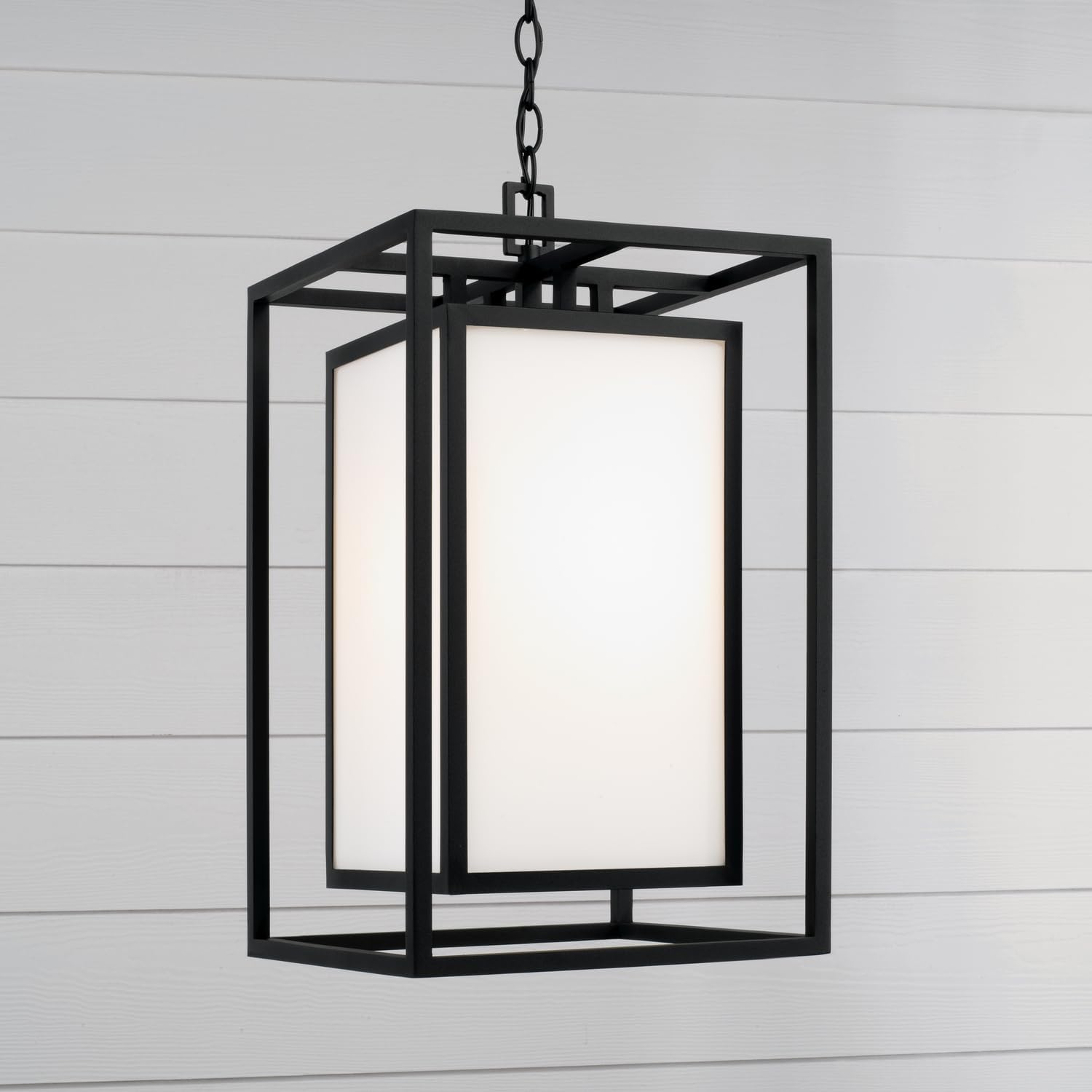 Capital Lighting 953114BK Aiden Modern Soft White Glass Outdoor Rectangular Pendant Hanging Lantern, 1-Light 100 Watt, 22" H x 13" W, Black