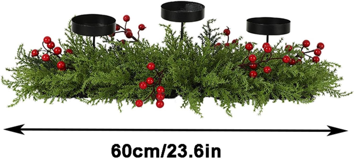 Christmas Triple Candelabrum - Holiday Candle Holder with Three Trays - Rattan Wreath Decoration with Red Bowknots, Pine Cones, Berries, and Spruce Branches (B01)
