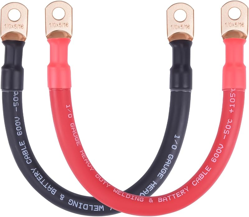 Cabo de bateria iGreely 1/0 AWG com terminais 5/16" – Par vermelho e preto de 30,48 cm