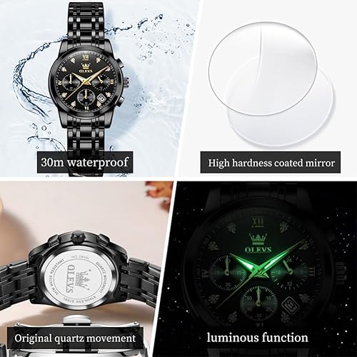 Miniatura 4 de OLEVS Reloj multifuncional de dos tonos para mujer, reloj analógico de cuarzo para mujer, de acero inoxidable, resistente al agua, con diamantes