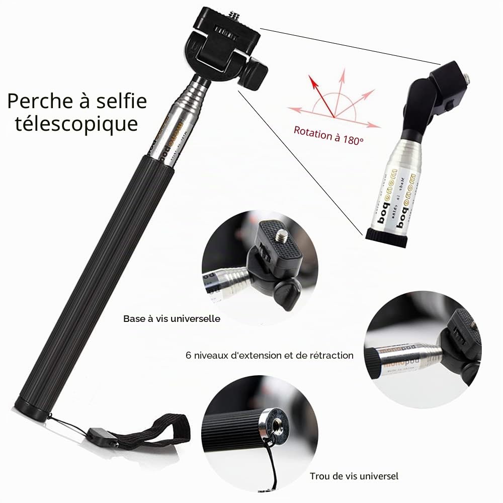 Kit d'Accessoires 5 en 1 pour Camera Action, Harnais Poitrine Fixation Bandeau, Perche à Selfie Compatible avec GoPro Hero 13 12 11/DJI Osmo Action 4 5 Pro/Pocket 3/AKASO EK7000/Apexcam