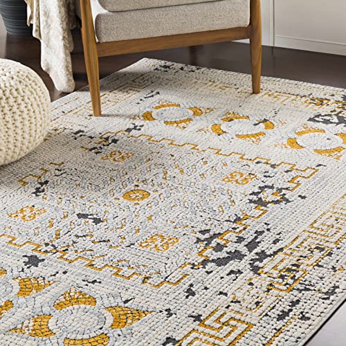 Hauteloom Whitestown Bohemian Mosaic Tile Living Room, Bedroom Area Rug - Vintage Distressed - Oriental Boho Look - Orange, Grey, Beige, Yellow - 5'1" X 7'3" #TOP1