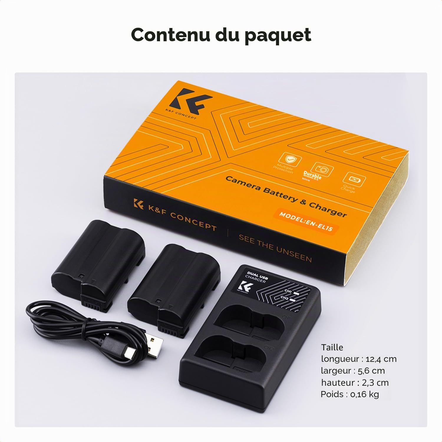 K&F CONCEPT EN-EL15 Batterie de Rechange 2100mAh et Chargeur USB Double Compatible avec Nikon DSLR D7000, D7100, D7200,D7500, D850, D810, D810A, D800, D800E, D750, D610, D600, D500
