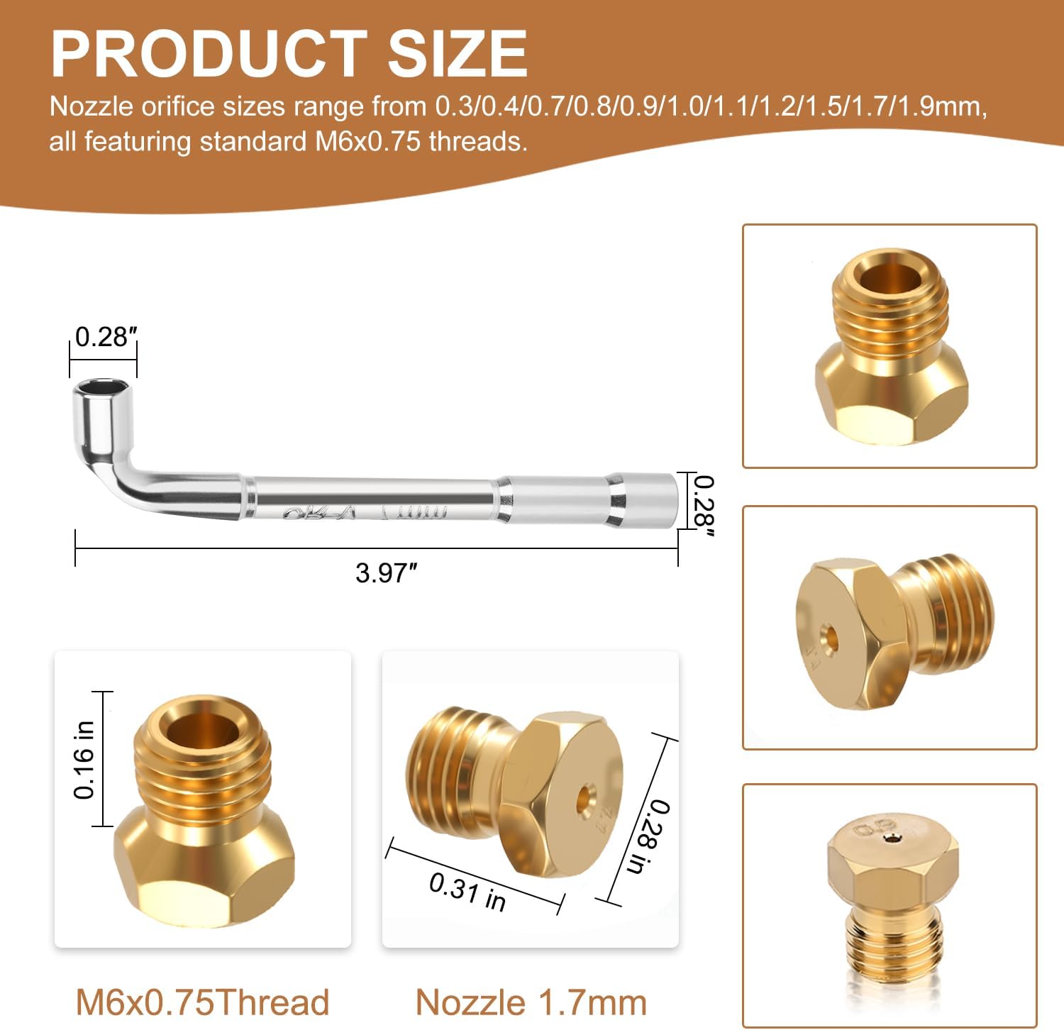 Brass Spray Tip Conversion kit, Natural Gas to Propane Kits with Aperture Sizes of 0.3/0.4/0.7/0.8/0.9/1.0/1.1/1.2/1.5/1.7/1.9 millimeters，M6x0.75 Millimeter Gas Nozzle,Includes Installation Wrench