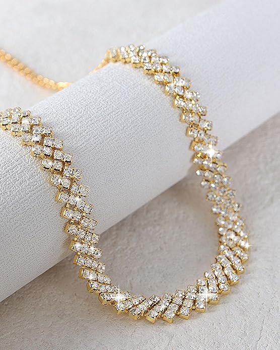 LUYANFX Choker Kette Damen Gold Halsreif Strass Kette Glitzer Schmuck Halskette Damen Gold Halsband Schmuck Necklace Goldene Trachtenkette für Alltag, Partys, Bälle, Hochzeiten