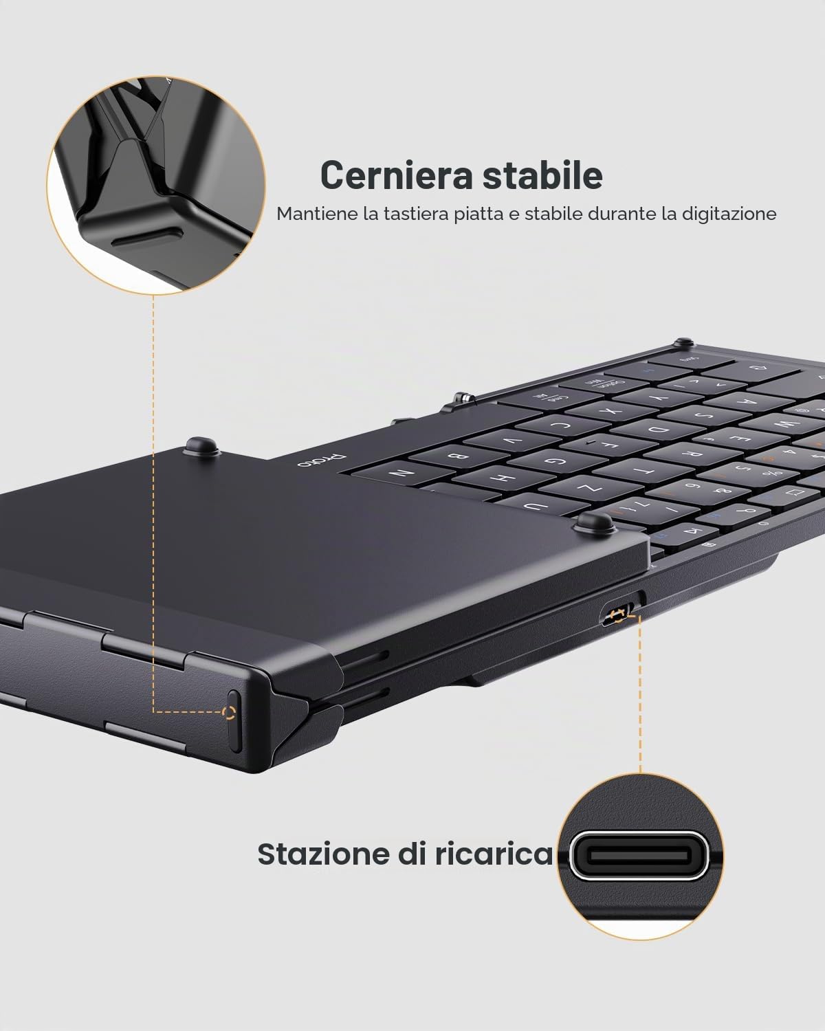 ProtoArc Tastiera Bluetooth pieghevole con tastierino numerico XK01, tastiera pieghevole ricaricabile senza fili, mini tastiera con 3 canali Bluetooth per iOS, Android, Windows, Tablet – Nero