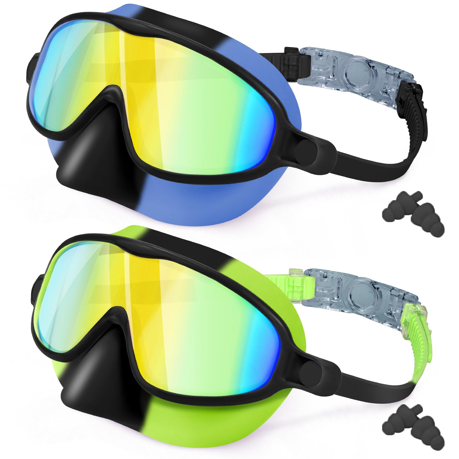 MKEOIEAU 2PCS Kids Swimming Goggles with Nose Cover, Wide View Adjustable Anti-Fog UV Protection Swim Goggle for 3-15 Boys Girls Youth