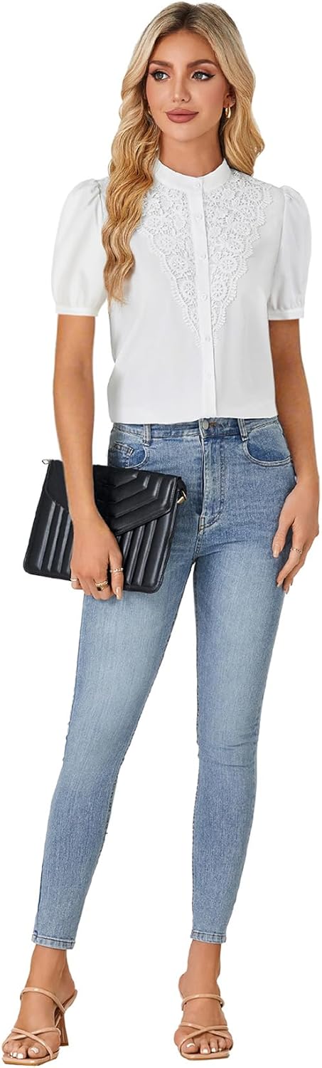 Rooscier Women's Lace Mock Neck Puff Sleeve Button Down Elegant Blouse Shirt Top - Image 6