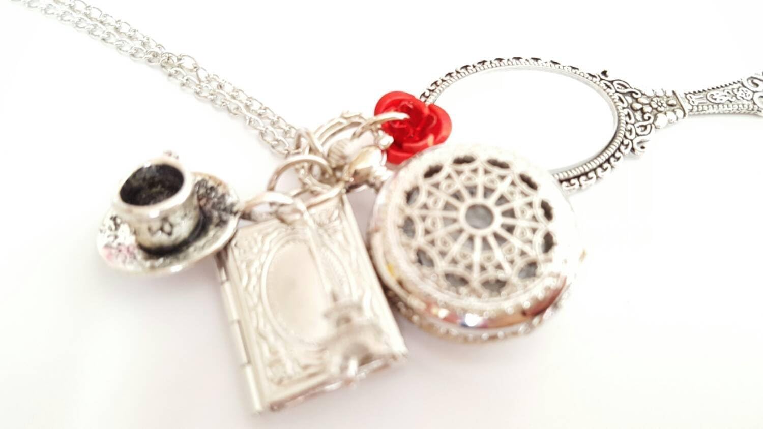 Belle Beauty And The Beast Rose Locket Mirror Pocket Watch Necklace
